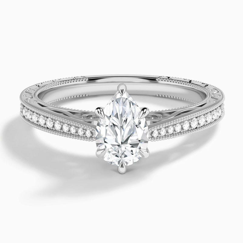 Pear Engraved And Pavé Lab Grown Diamond Engagement Ring In 18K White Gold - Lucenjuri