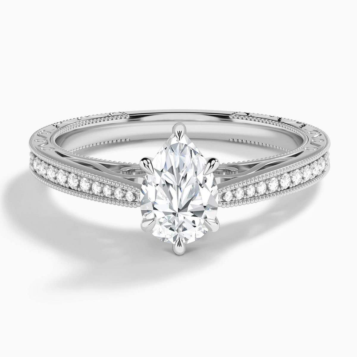 Pear Engraved And Pavé Lab Grown Diamond Engagement Ring In 14K White Gold - Lucenjuri