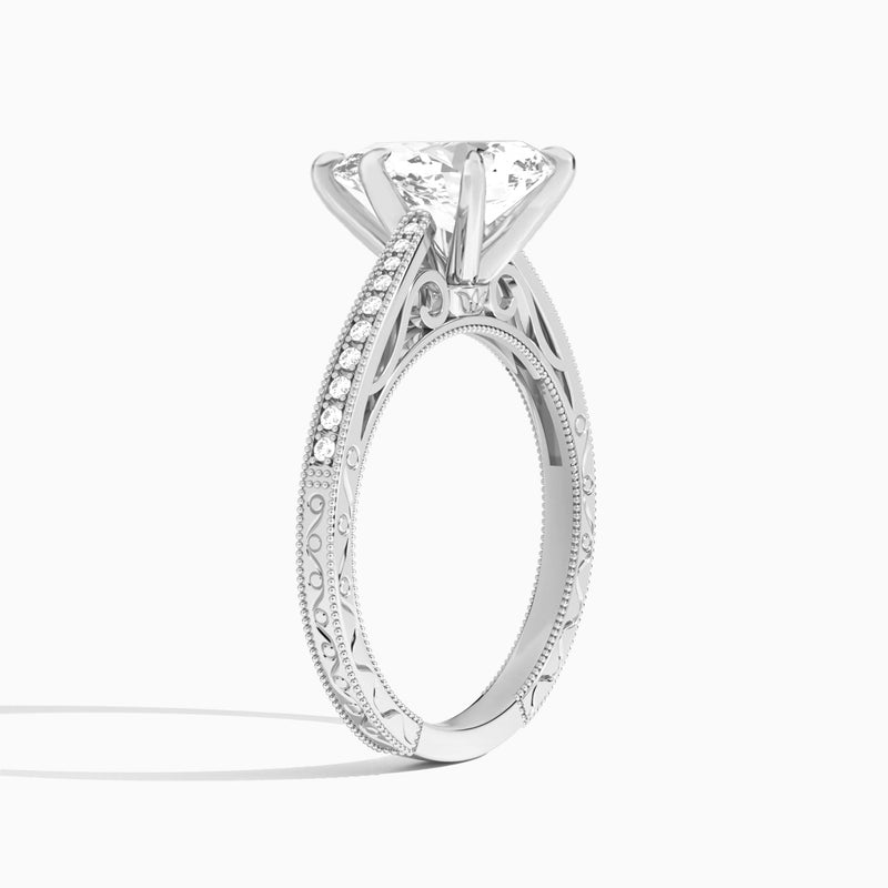 Pear Engraved And Pavé Lab Grown Diamond Engagement Ring In 18K White Gold, Angle View