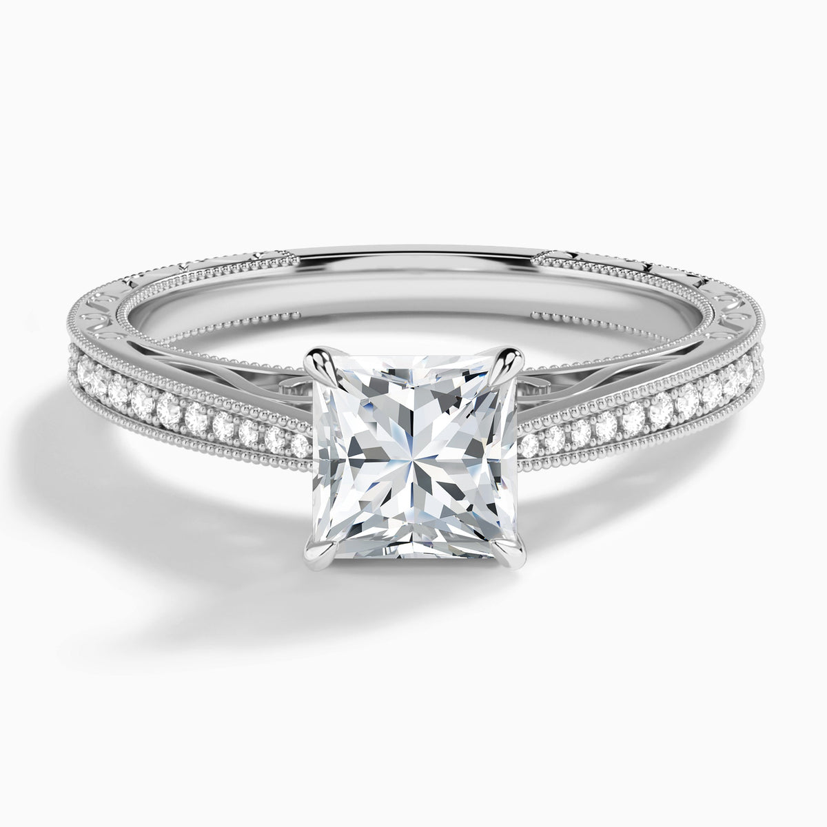 Princess Engraved And Pavé Lab Grown Diamond Engagement Ring In 18K White Gold - Lucenjuri