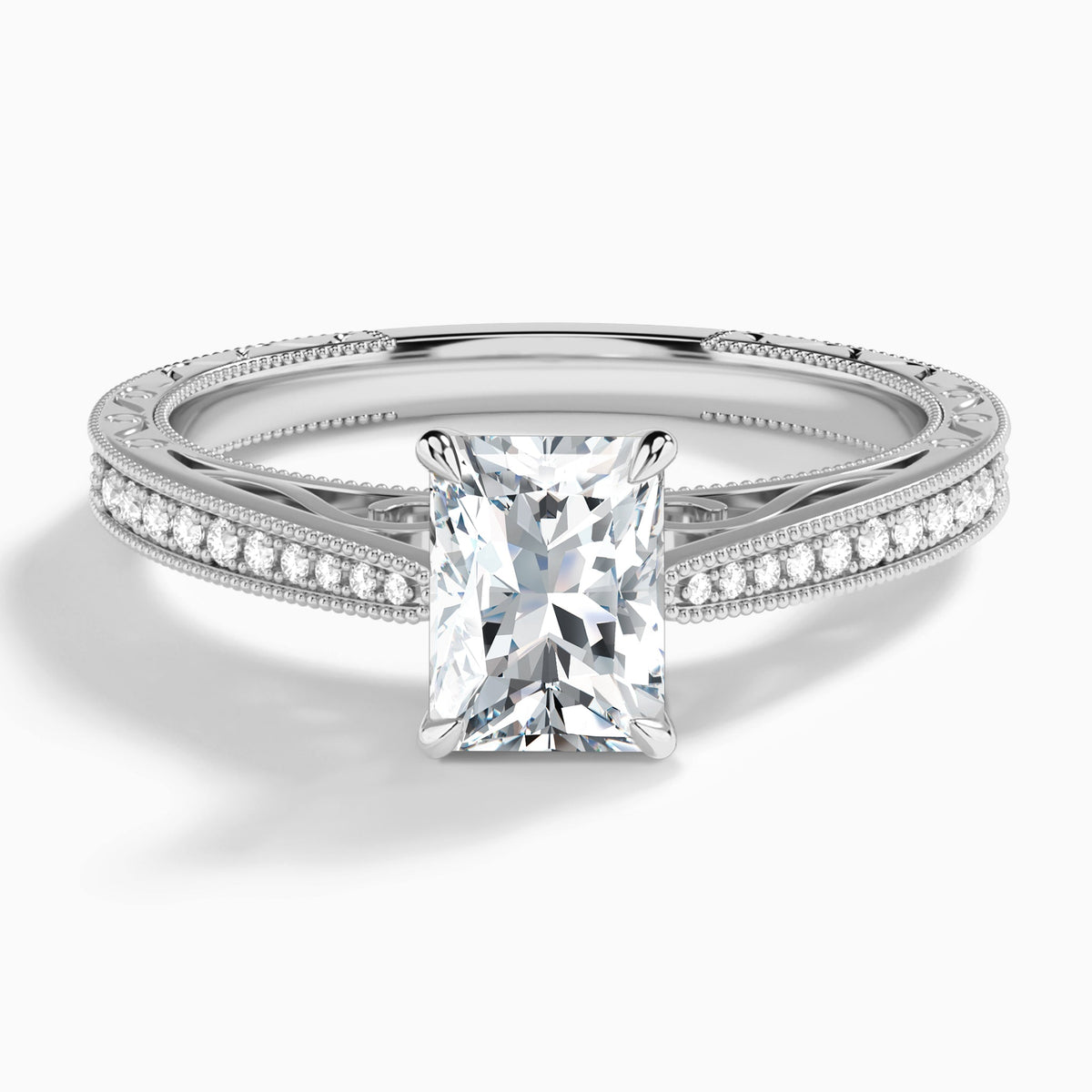 Radiant Engraved And Pavé Lab Grown Diamond Engagement Ring In 14K White Gold - Lucenjuri