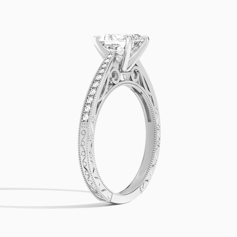 Radiant Engraved And Pavé Lab Grown Diamond Engagement Ring In 18K White Gold, Angle View