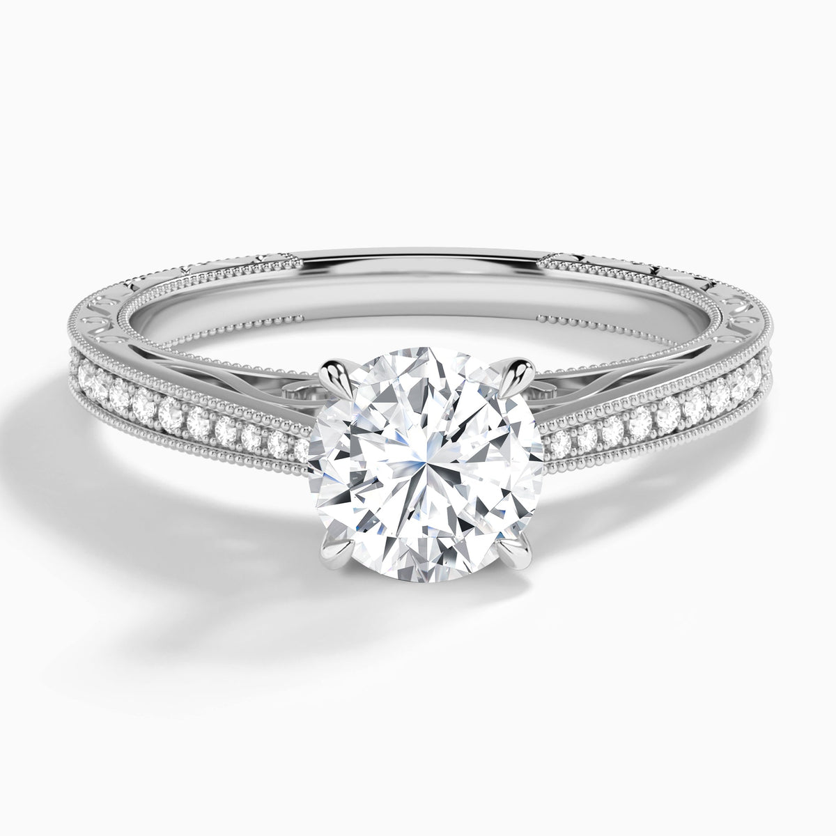Round Engraved And Pavé Lab Grown Diamond Engagement Ring In 14K White Gold - Lucenjuri