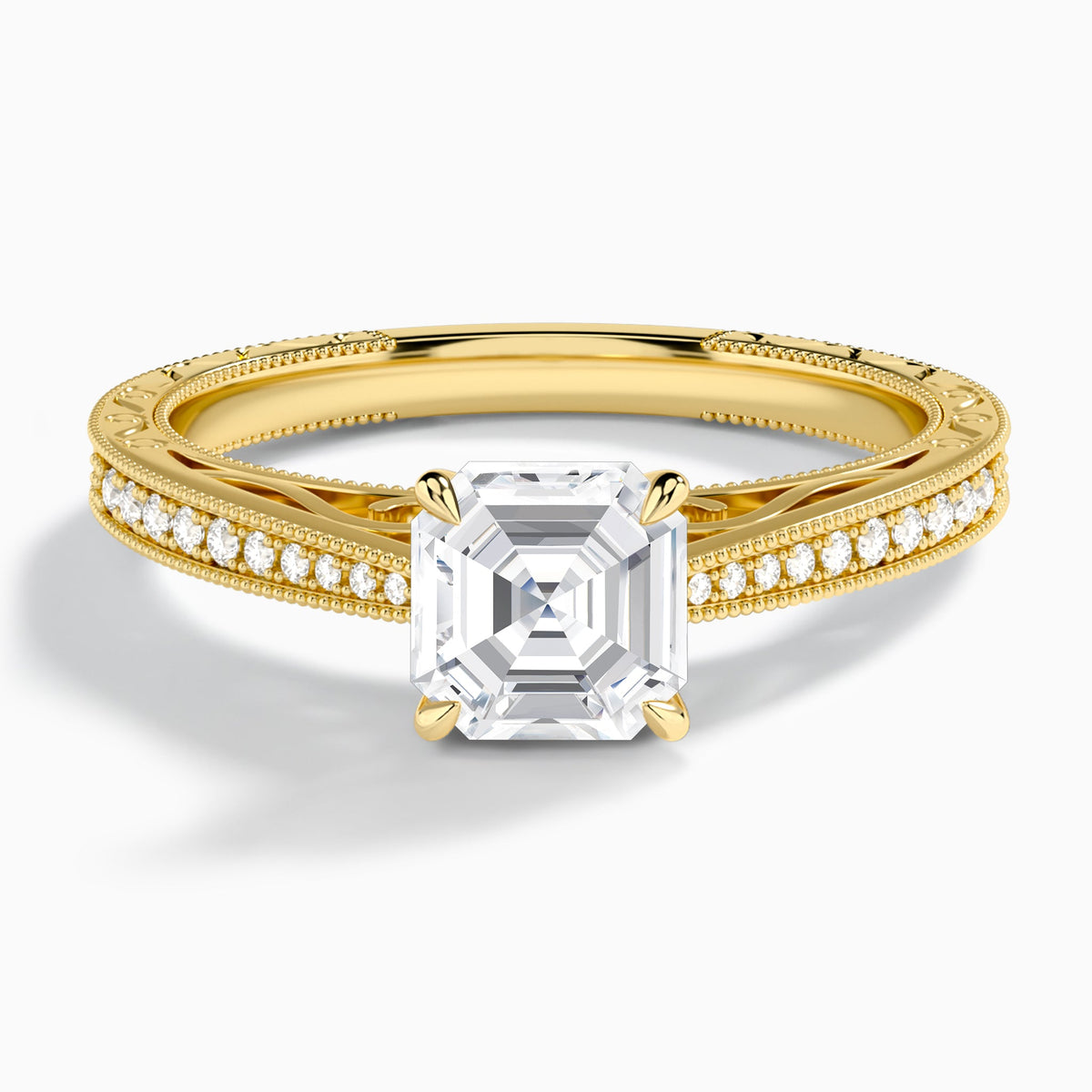 Asscher Engraved And Pavé Lab Grown Diamond Engagement Ring In 18K Yellow Gold - Lucenjuri