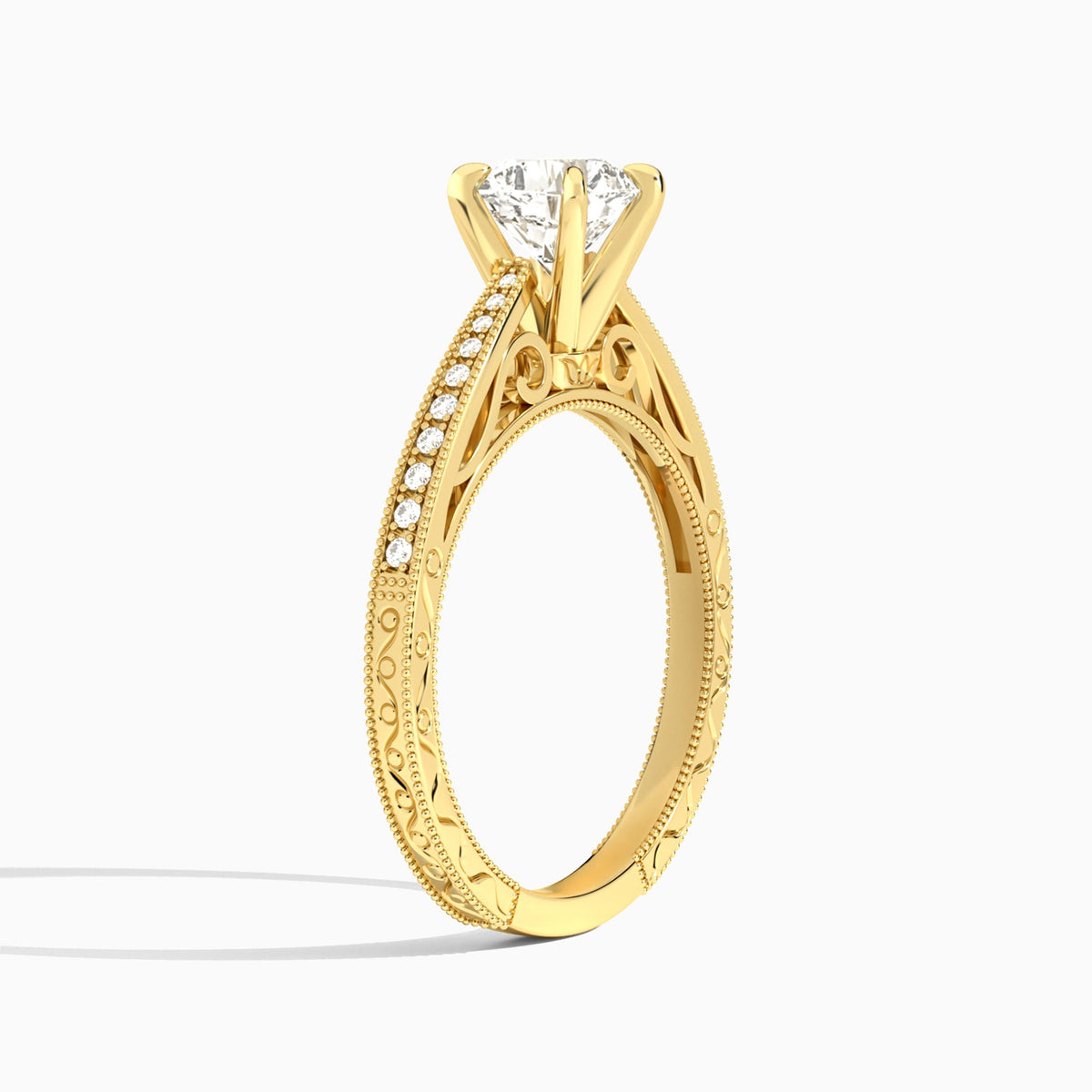 Cushion Engraved And Pavé Lab Grown Diamond Engagement Ring In 14K Yellow Gold, Angle View