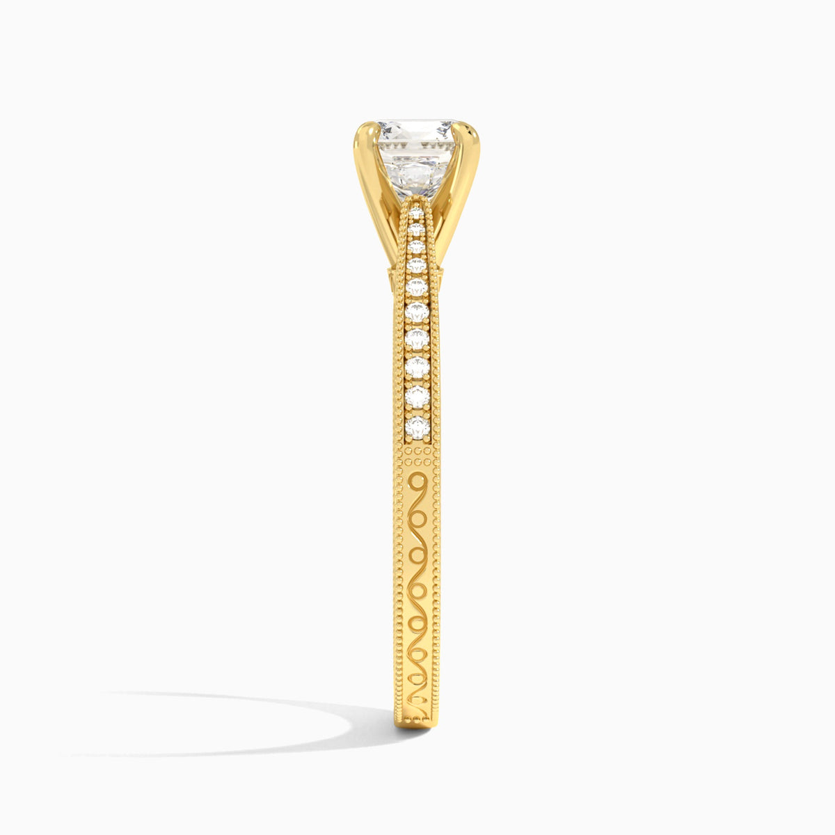 Cushion Engraved And Pavé Lab Grown Diamond Engagement Ring In 14K Yellow Gold, Side View