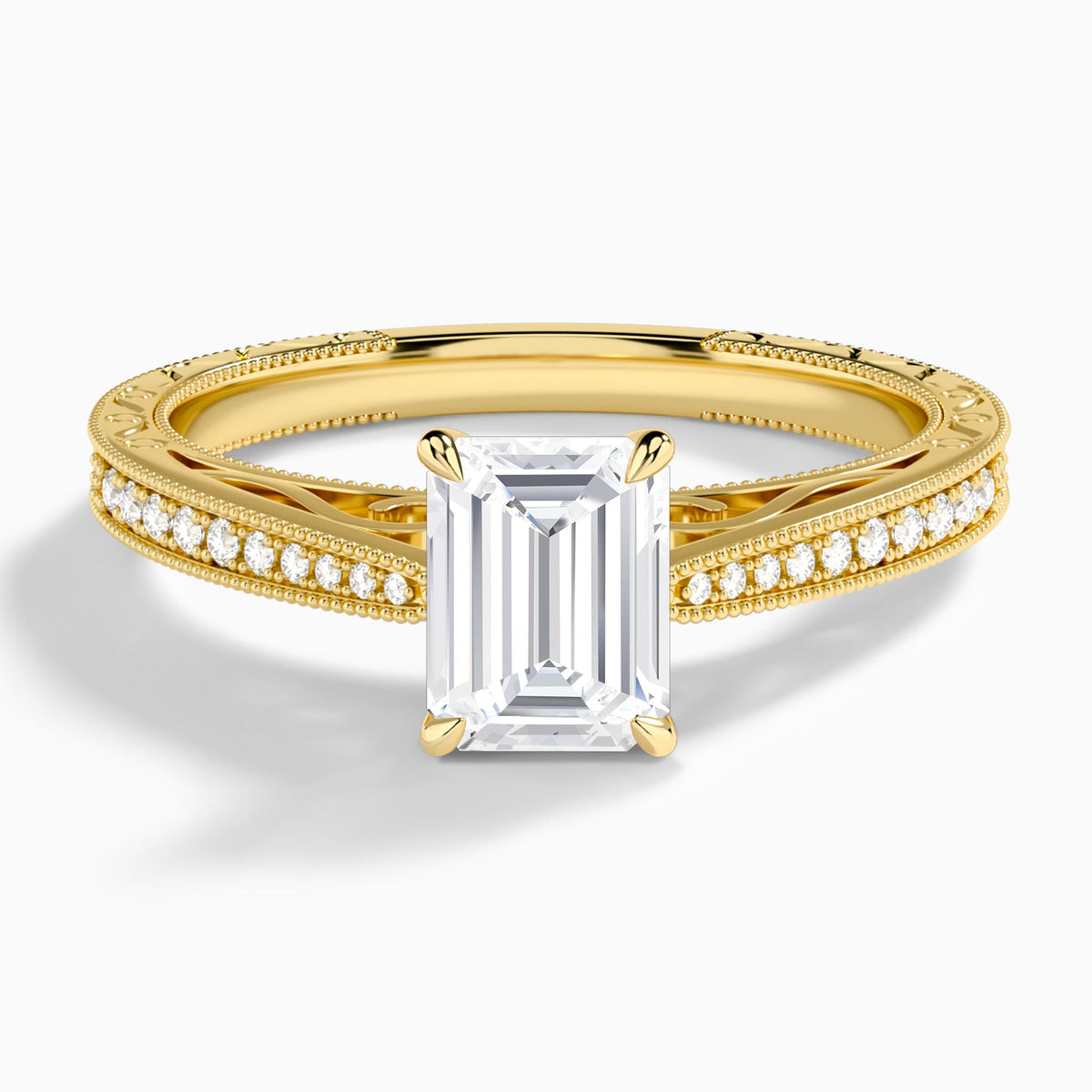Emerald Engraved And Pavé Lab Grown Diamond Engagement Ring In 18K Yellow Gold - Lucenjuri