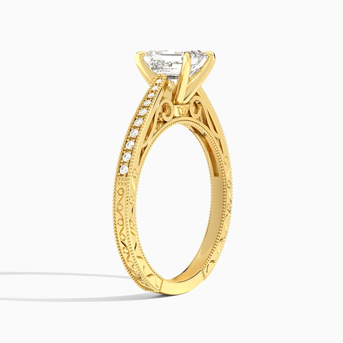 Emerald Engraved And Pavé Lab Grown Diamond Engagement Ring In 18K Yellow Gold, Angle View