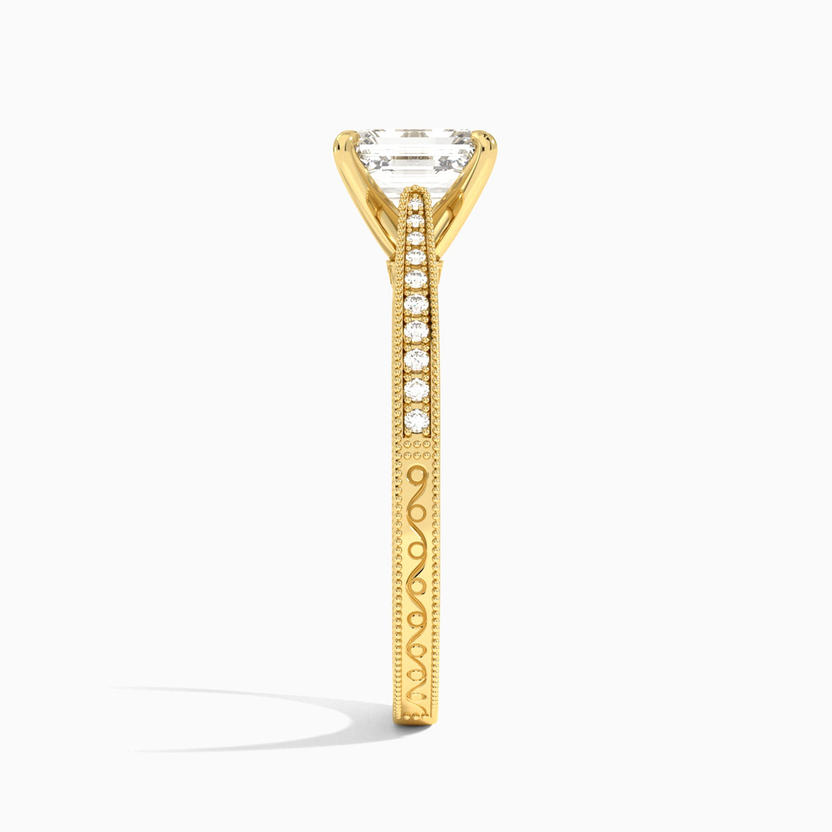 Emerald Engraved And Pavé Lab Grown Diamond Engagement Ring In 14K Yellow Gold, Side View