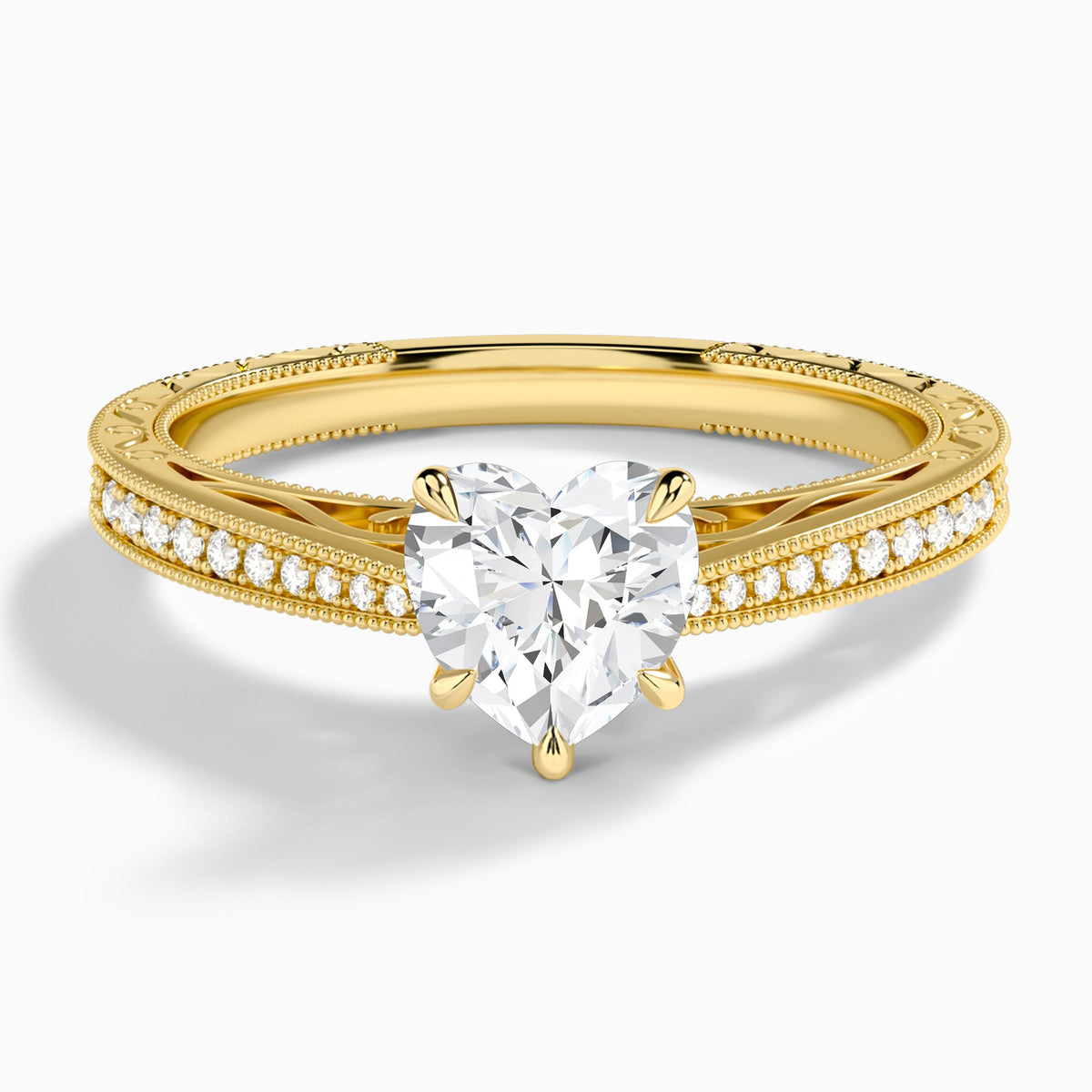 Heart Engraved And Pavé Lab Grown Diamond Engagement Ring In 18K Yellow Gold - Lucenjuri