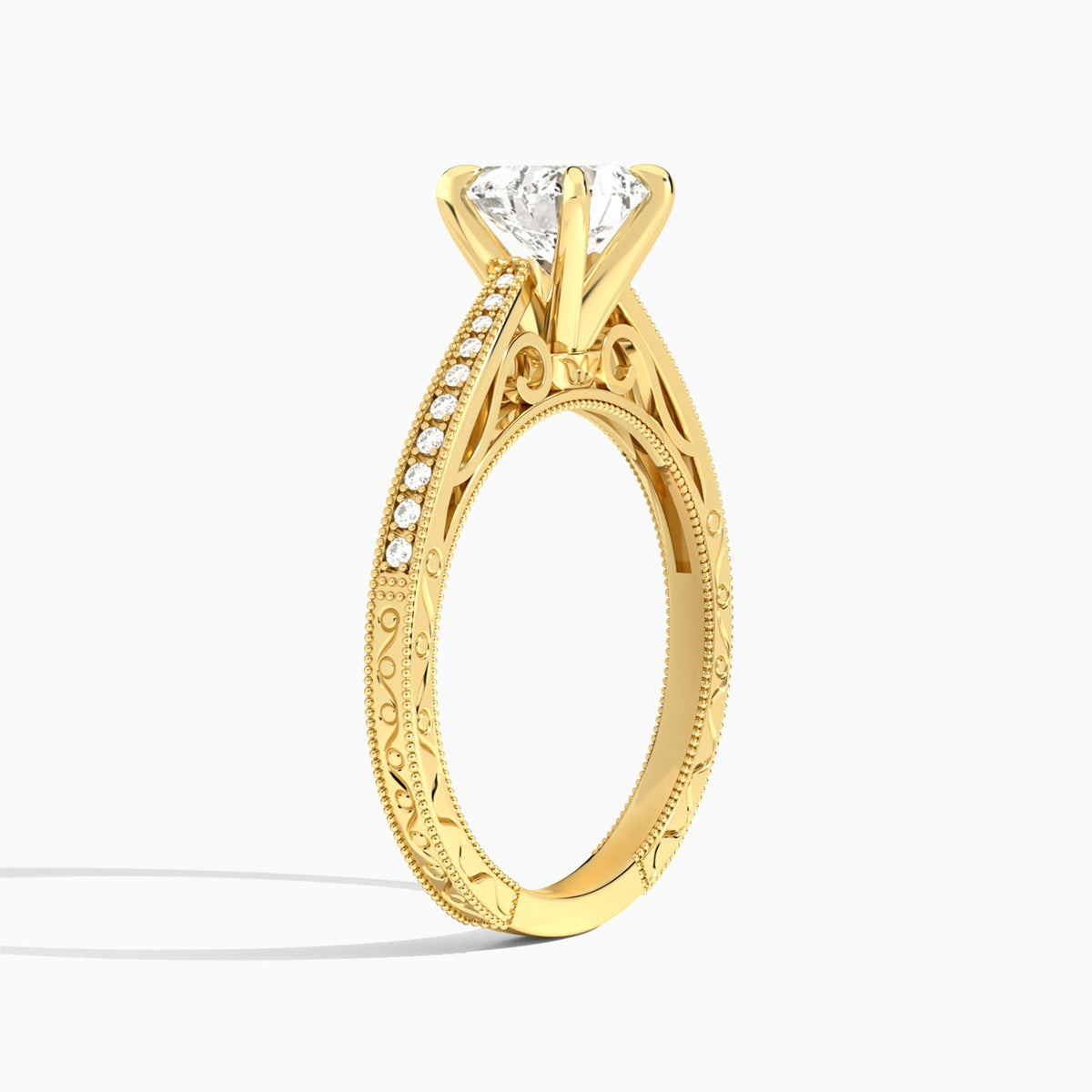 Heart Engraved And Pavé Lab Grown Diamond Engagement Ring In 18K Yellow Gold, Angle View
