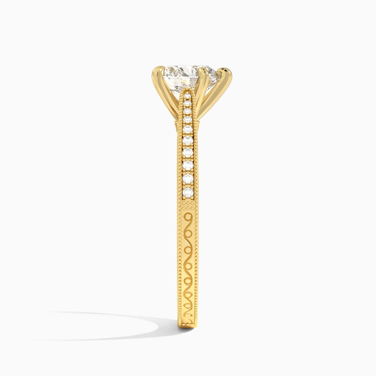 Heart Engraved And Pavé Lab Grown Diamond Engagement Ring In 14K Yellow Gold, Side View