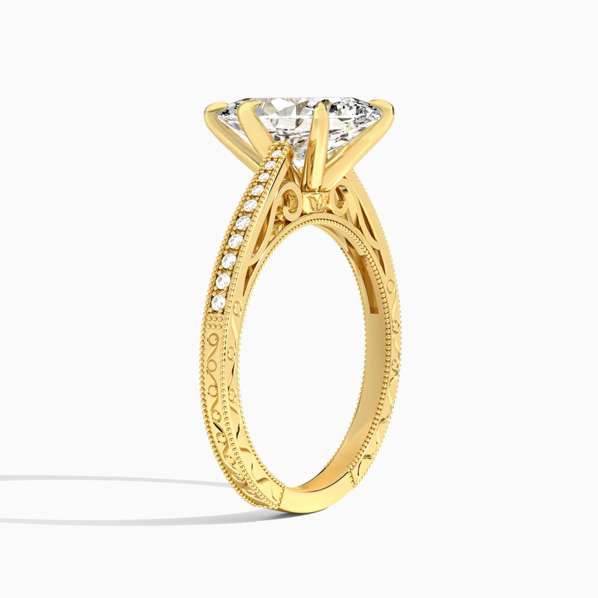 Marquise Engraved And Pavé Lab Grown Diamond Engagement Ring In 18K Yellow Gold, Angle View
