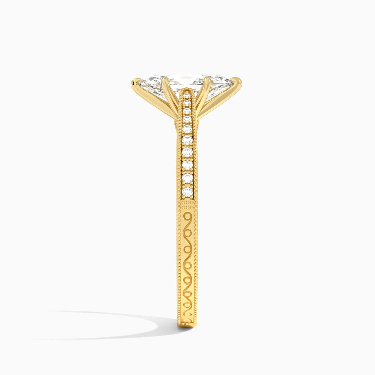 Marquise Engraved And Pavé Lab Grown Diamond Engagement Ring In 14K Yellow Gold, Side View