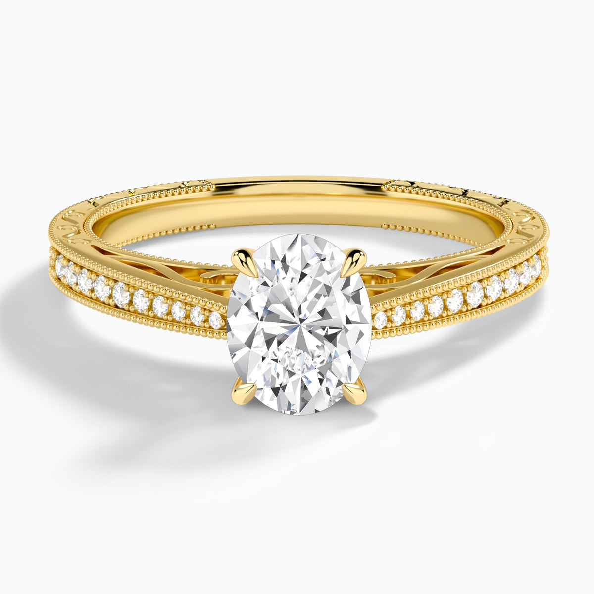 Oval Engraved And Pavé Lab Grown Diamond Engagement Ring In 18K Yellow Gold - Lucenjuri