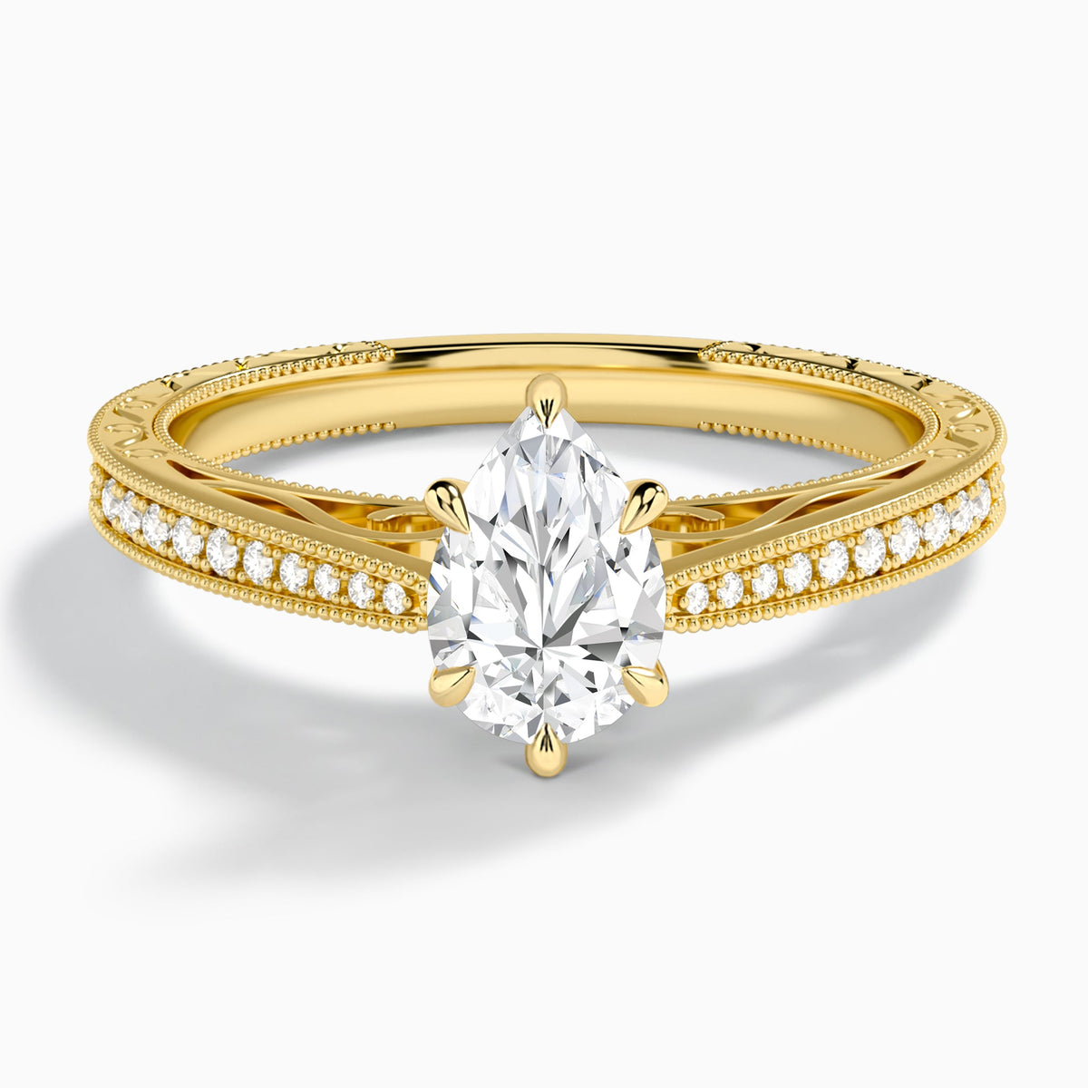 Pear Engraved And Pavé Lab Grown Diamond Engagement Ring In 14K Yellow Gold - Lucenjuri