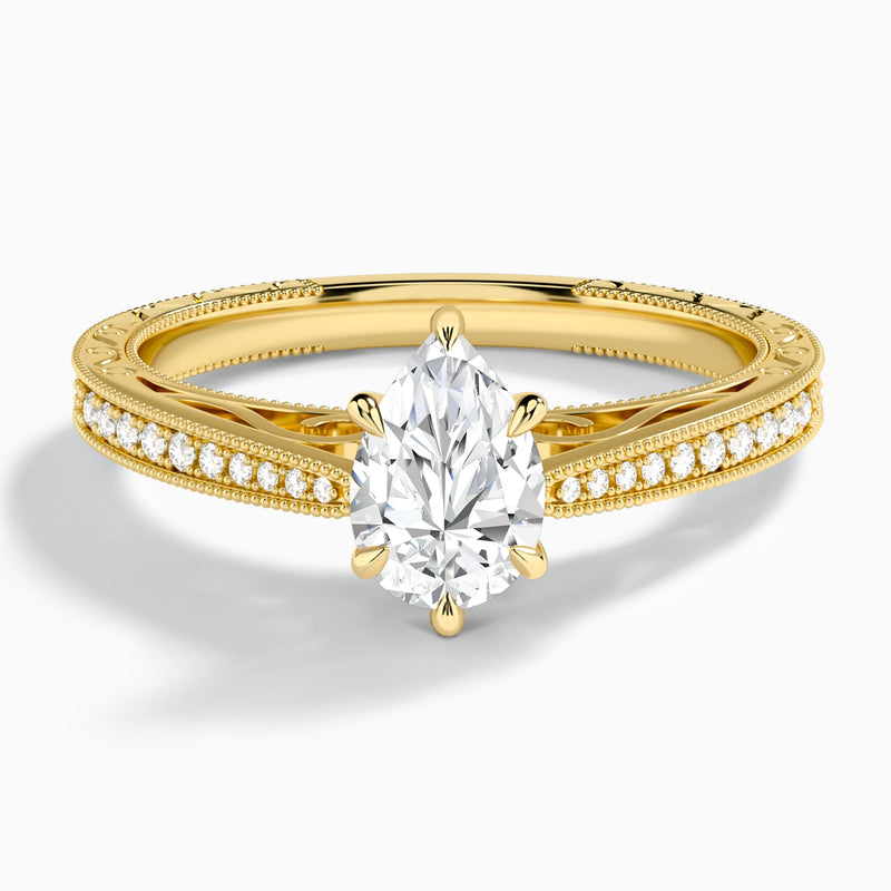 Pear Engraved And Pavé Lab Grown Diamond Engagement Ring In 18K Yellow Gold - Lucenjuri