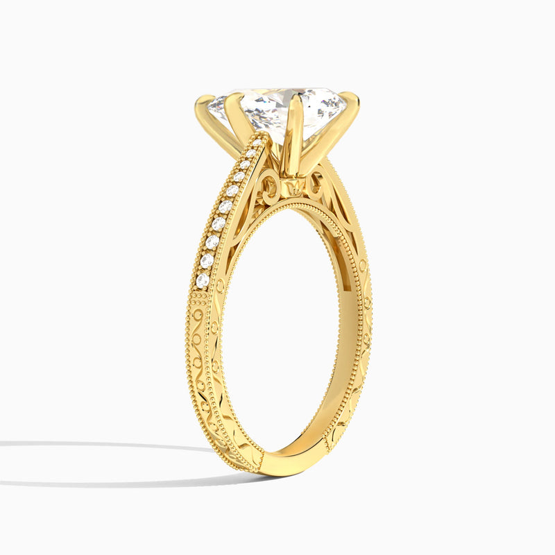 Pear Engraved And Pavé Lab Grown Diamond Engagement Ring In 18K Yellow Gold, Angle View
