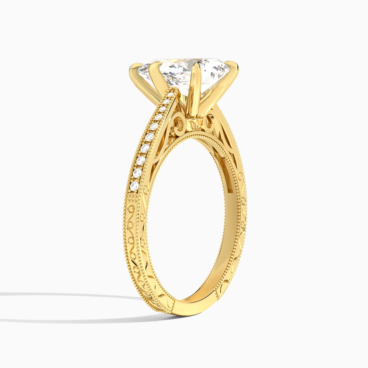 Pear Engraved And Pavé Lab Grown Diamond Engagement Ring In 18K Yellow Gold, Angle View