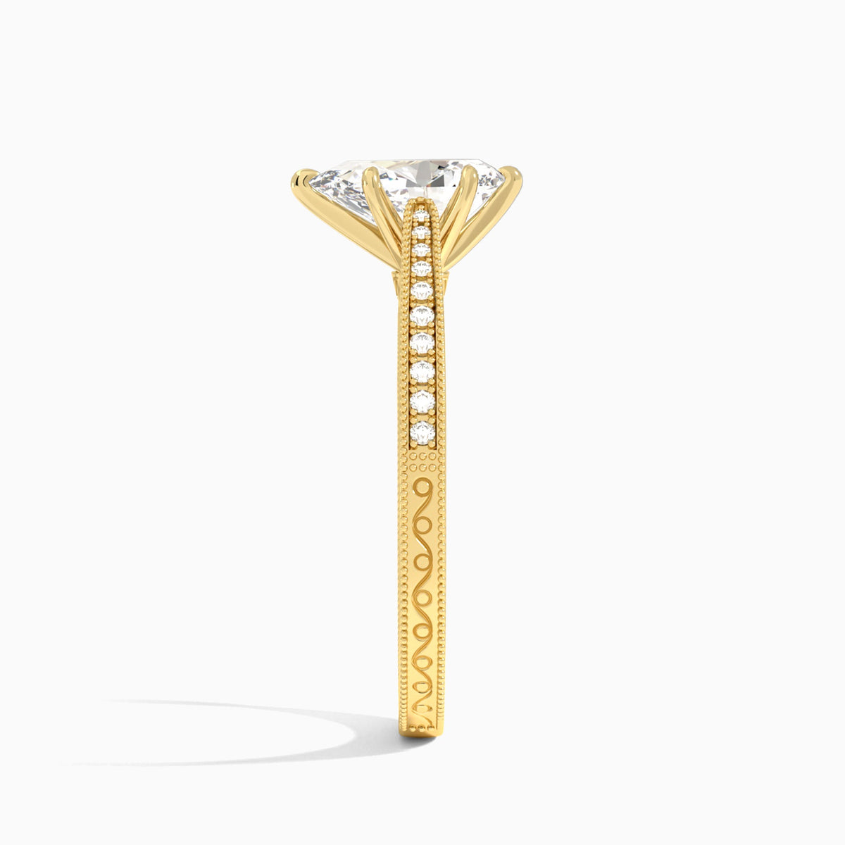 Pear Engraved And Pavé Lab Grown Diamond Engagement Ring In 18K Yellow Gold, Side View