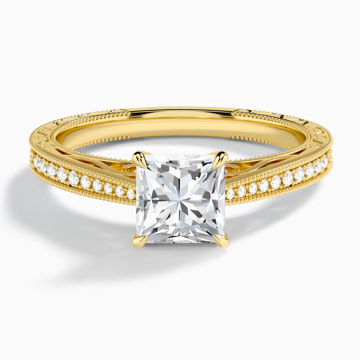 Princess Engraved And Pavé Lab Grown Diamond Engagement Ring In 18K Yellow Gold - Lucenjuri