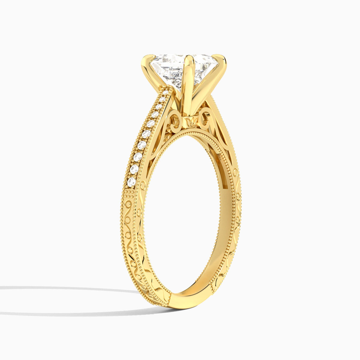 Princess Engraved And Pavé Lab Grown Diamond Engagement Ring In 14K Yellow Gold, Angle View