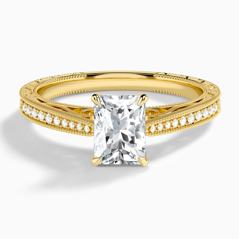 Radiant Engraved And Pavé Lab Grown Diamond Engagement Ring In 14K Yellow Gold - Lucenjuri