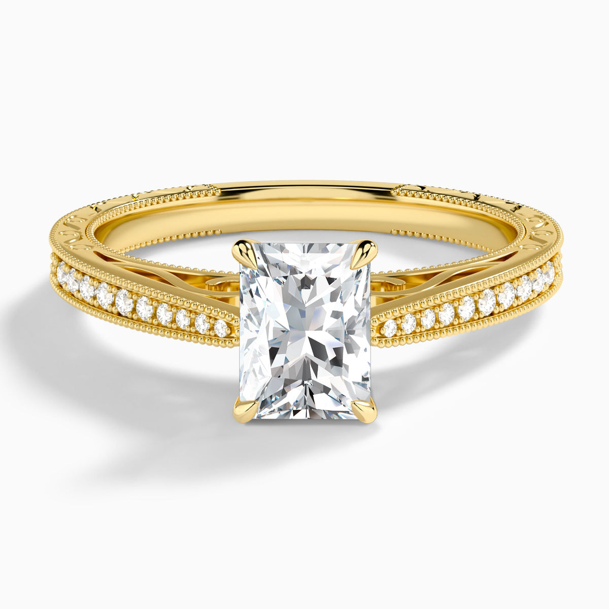 Radiant Engraved And Pavé Lab Grown Diamond Engagement Ring In 18K Yellow Gold - Lucenjuri