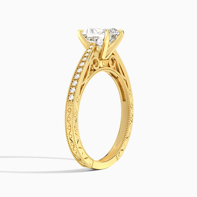 Radiant Engraved And Pavé Lab Grown Diamond Engagement Ring In 18K Yellow Gold, Angle View