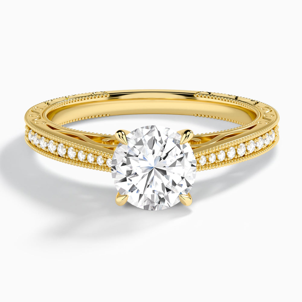 Round Engraved And Pavé Lab Grown Diamond Engagement Ring In 14K Yellow Gold - Lucenjuri