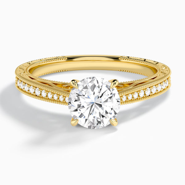 Round Engraved And Pavé Lab Grown Diamond Engagement Ring In 14K Yellow Gold - Lucenjuri