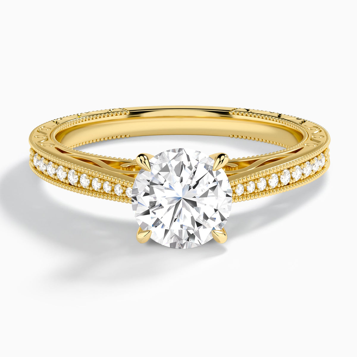 Round Engraved And Pavé Lab Grown Diamond Engagement Ring In 18K Yellow Gold - Lucenjuri