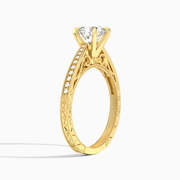 Round Engraved And Pavé Lab Grown Diamond Engagement Ring In 14K Yellow Gold, Angle View