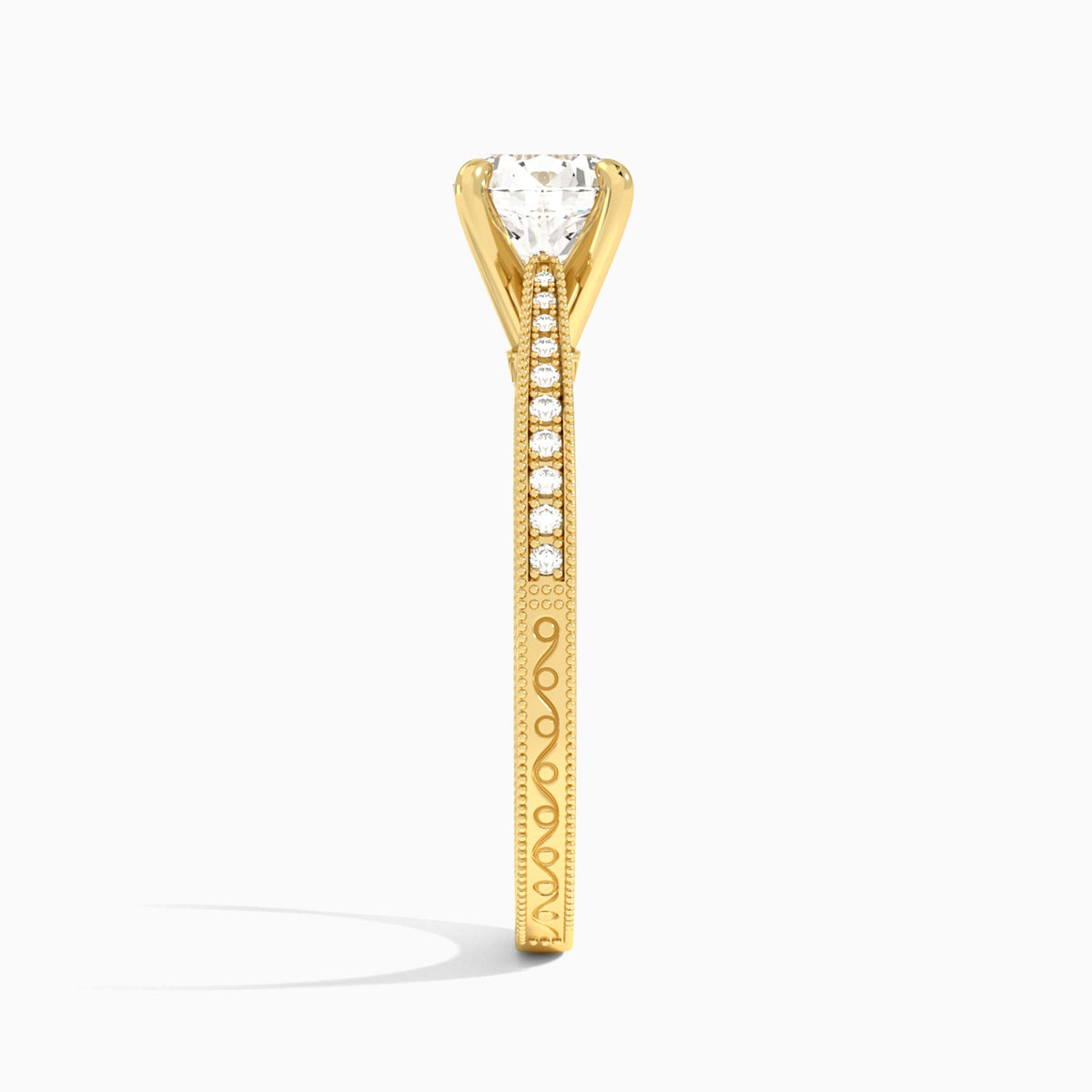 Round Engraved And Pavé Lab Grown Diamond Engagement Ring In 14K Yellow Gold, Side View
