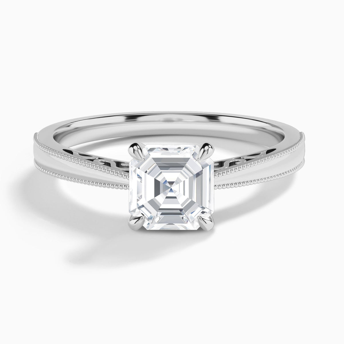Asscher Engraved Lab Grown Solitaire Diamond Engagement Ring In Platinum - Lucenjuri