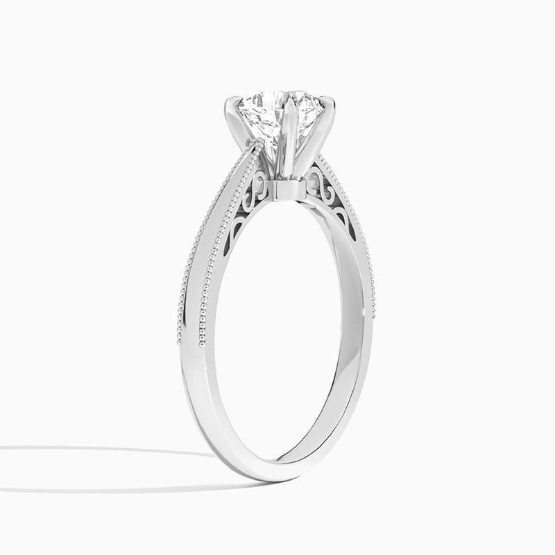 Cushion Engraved Lab Grown Solitaire Diamond Engagement Ring In Platinum, Angle View
