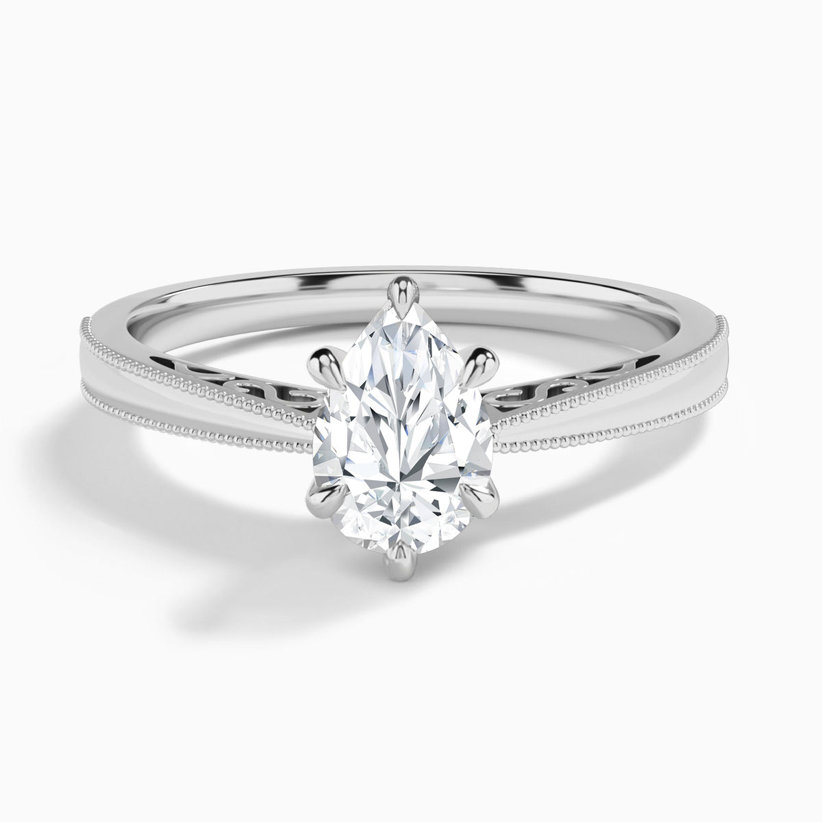 Pear Engraved Lab Grown Solitaire Diamond Engagement Ring In Platinum - Lucenjuri
