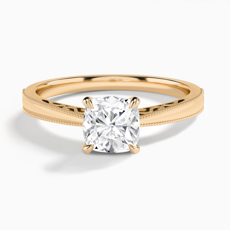Cushion Engraved Lab Grown Solitaire Diamond Engagement Ring In 14K Rose Gold - Lucenjuri