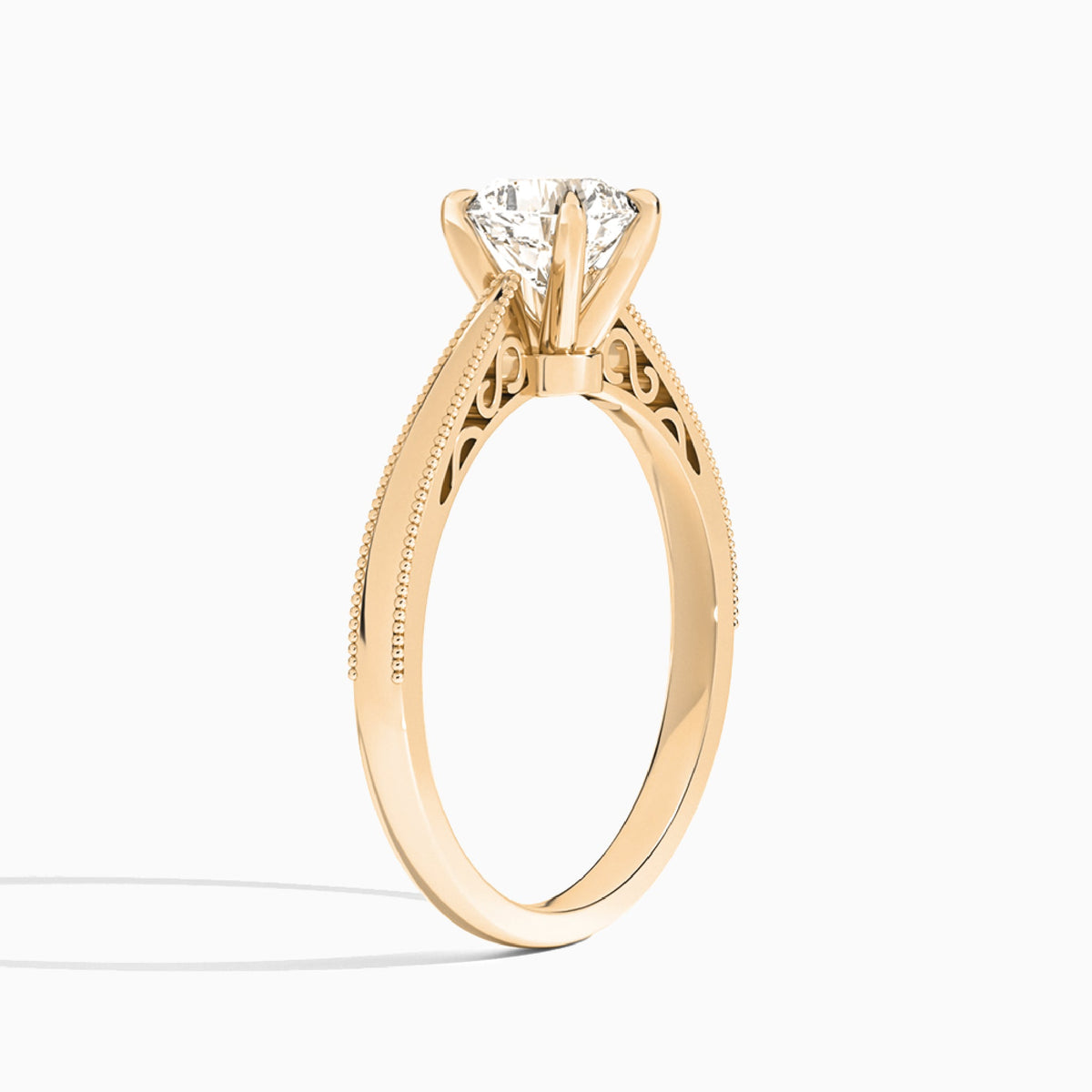Cushion Engraved Lab Grown Solitaire Diamond Engagement Ring In 14K Rose Gold, Angle View