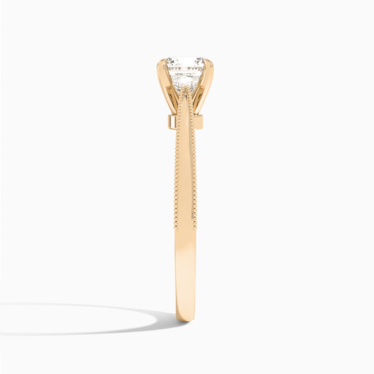 Cushion Engraved Lab Grown Solitaire Diamond Engagement Ring In 14K Rose Gold, Side View