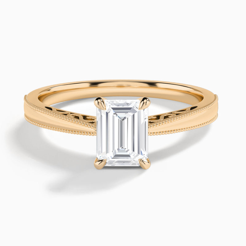 Emerald Engraved Lab Grown Solitaire Diamond Engagement Ring In 14K Rose Gold - Lucenjuri