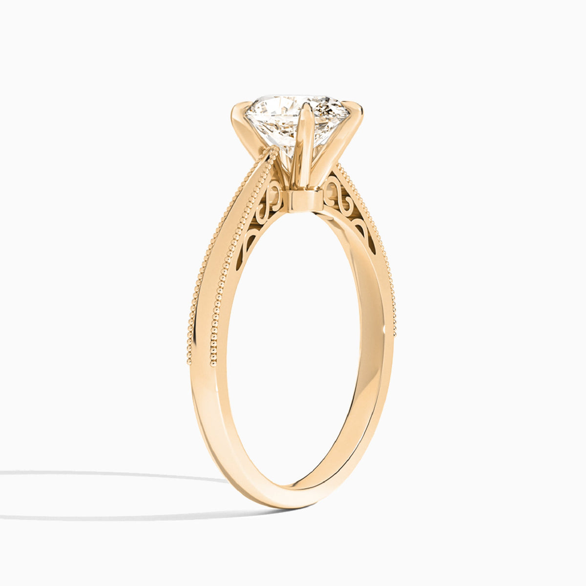 Oval Engraved Lab Grown Solitaire Diamond Engagement Ring In 14K Rose Gold, Angle View