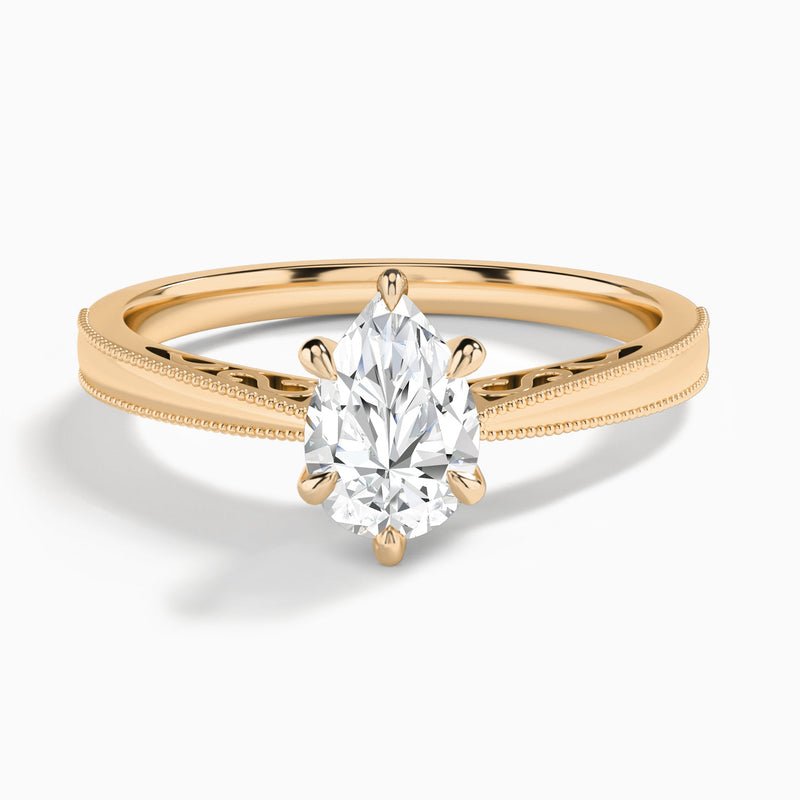 Pear Engraved Lab Grown Solitaire Diamond Engagement Ring In 14K Rose Gold - Lucenjuri