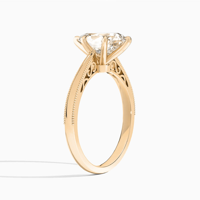 Pear Engraved Lab Grown Solitaire Diamond Engagement Ring In 14K Rose Gold, Angle View