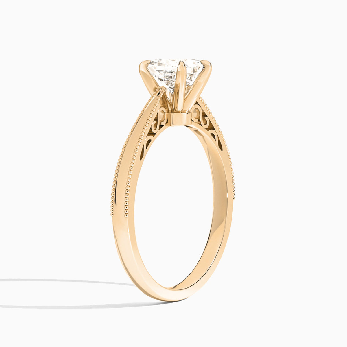 Princess Engraved Lab Grown Solitaire Diamond Engagement Ring In 14K Rose Gold, Angle View