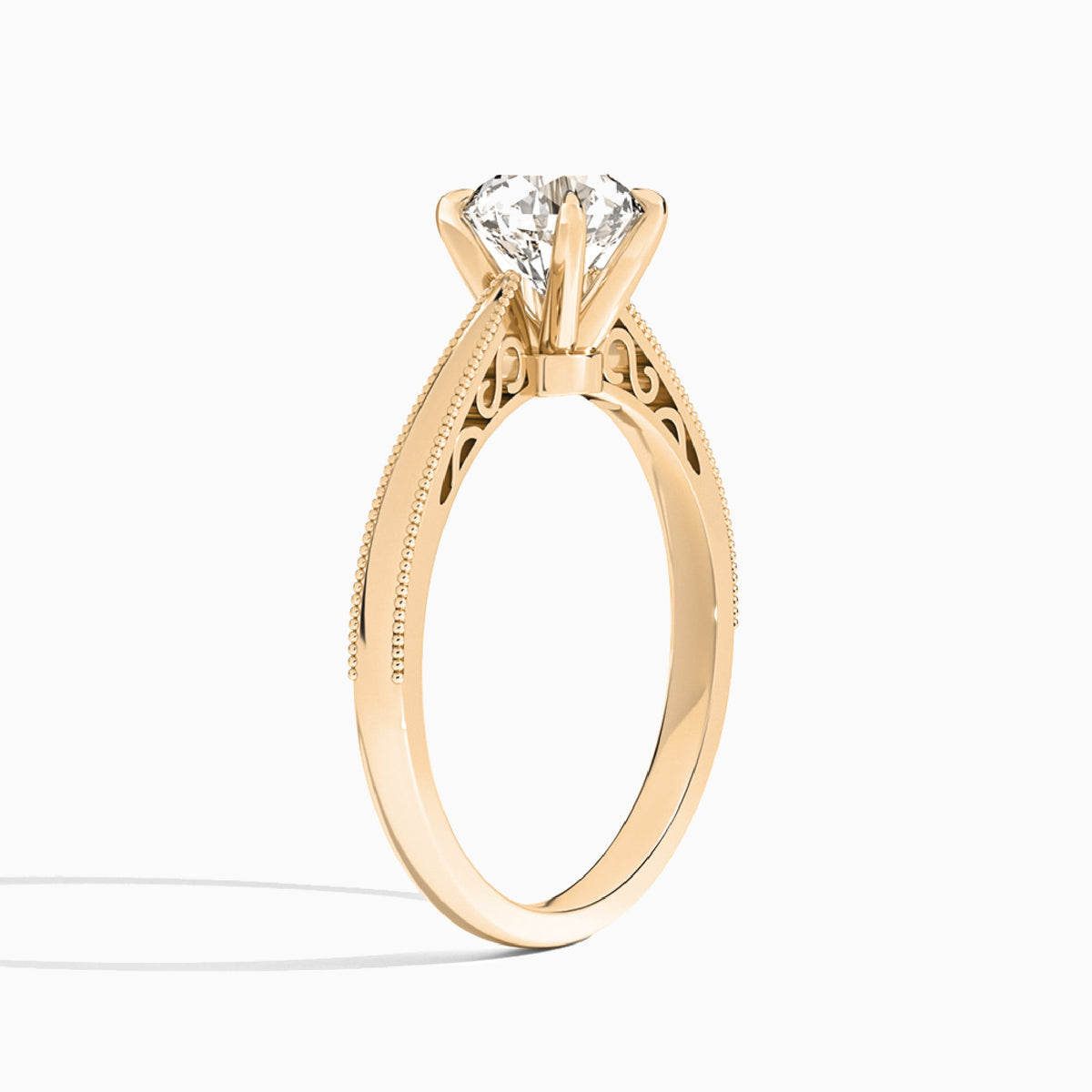 Round Engraved Lab Grown Solitaire Diamond Engagement Ring In 14K Rose Gold, Angle View