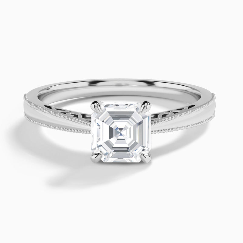 Asscher Engraved Lab Grown Solitaire Diamond Engagement Ring In 14K White Gold - Lucenjuri