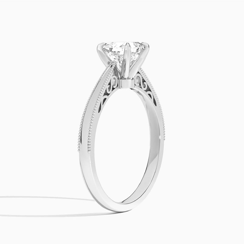 Asscher Engraved Lab Grown Solitaire Diamond Engagement Ring In 14K White Gold, Angle View