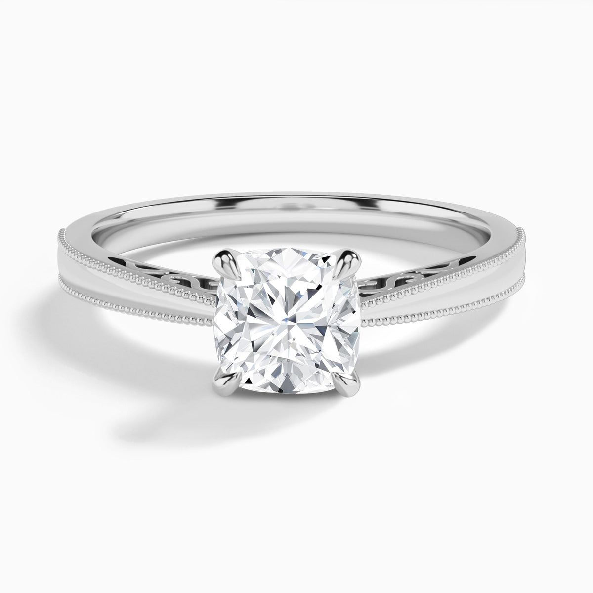 Cushion Engraved Lab Grown Solitaire Diamond Engagement Ring In 14K White Gold - Lucenjuri