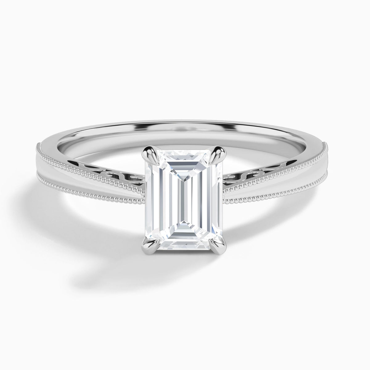 Emerald Engraved Lab Grown Solitaire Diamond Engagement Ring In 18K White Gold - Lucenjuri